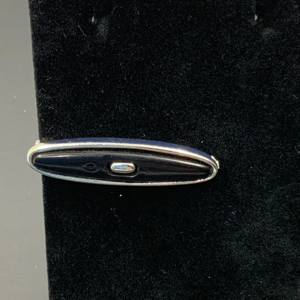 Vintage Silver Tone Black Inlay Oval Tie Clip Mid Century Modern Mens Accessory